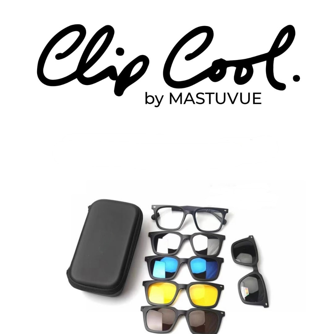 Monture Clip Cool by Mastuvue pour homme, avec 5 clips interchangeables (UV400, polarisé, vision de nuit, flash et miroir bleu). Boîte en nylon pratique. Adaptable à la vue chez l'opticien.